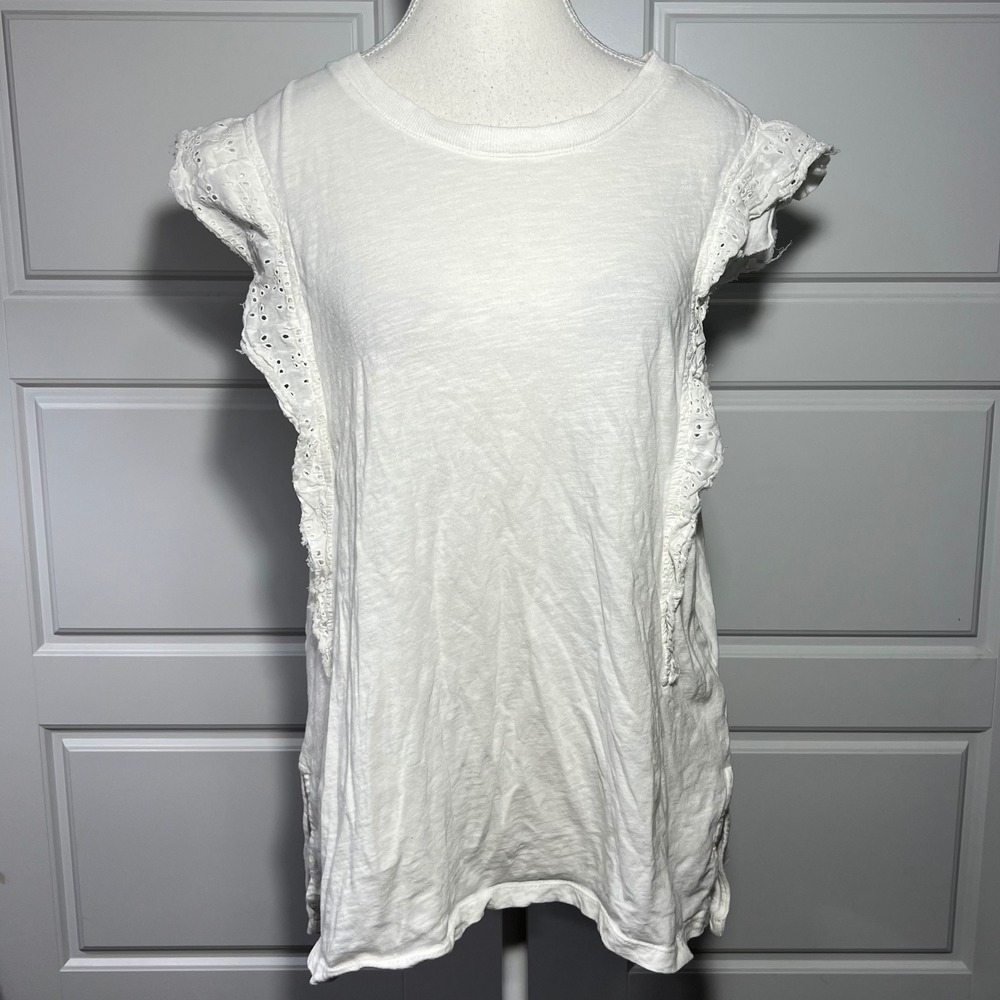 Anthropologie PILCRO White Cotton Eyelet Lace Ruffle Sleeve Top Shirt Small - Picture 2 of 8